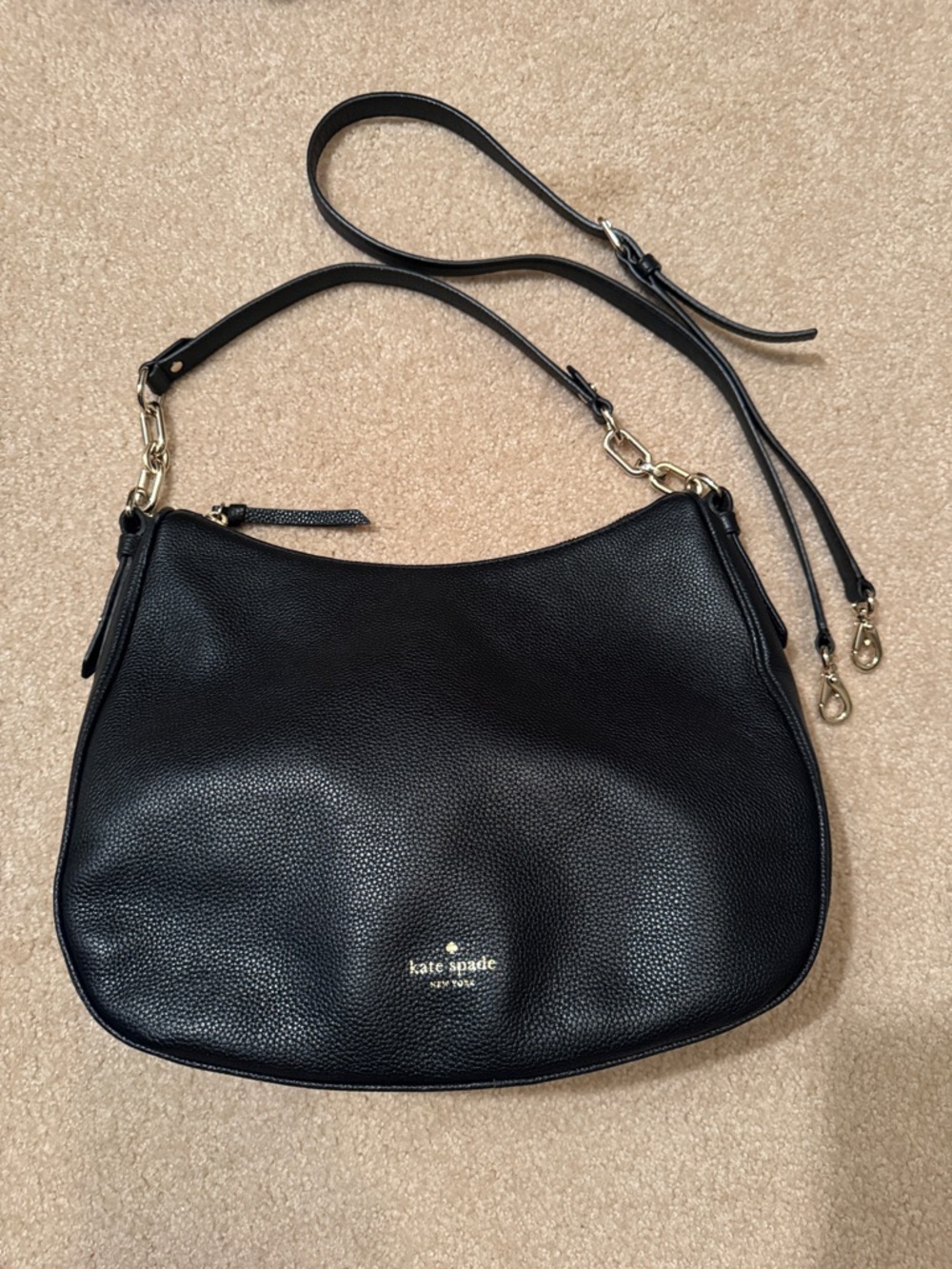 kate spade Black Pebbled Leather Hobo Crossbody with Gold Hardware